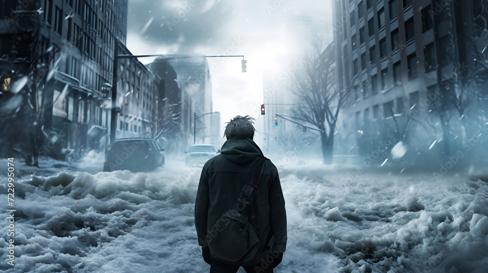 Fototapeta premium man freezes in the cold during an abnormal snowfall