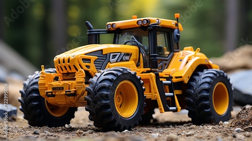 backhoe loader in yellow removing rock, car toy for kids play around outside, © SULAIMAN