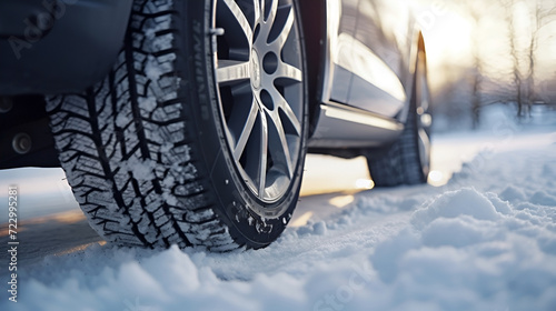 Closeup of car tires in winter on the road covered with snow. Banner with copy space. 