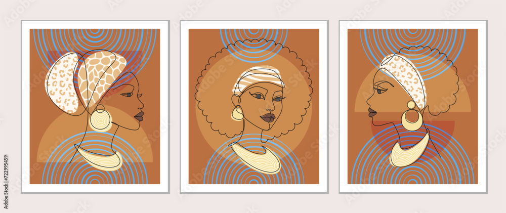 Abstract cute African women in headscarves and jewelry on a brown background with blue linear semicircles. Minimalist modern one line art. Outline female portrait. Vector set for poster and home decor