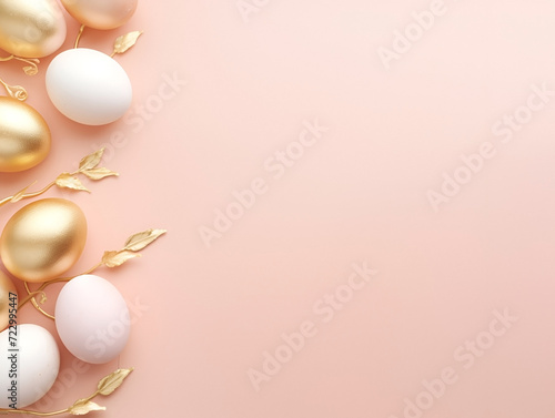 Easter eggs are white and gold on a pastel pink background with a copy space