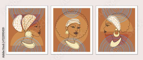 Abstract cute African women in headscarves and jewelry on a brown background with blue linear semicircles. Minimalist modern one line art. Outline female portrait. Vector set for poster and home decor