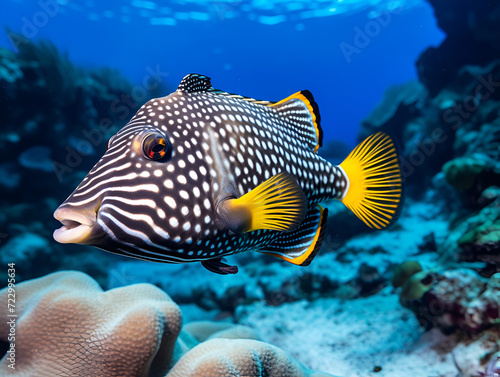Picasso's spiny Triggerfish (Lat. Rhinecanthus aculeatus) with bright eyes and a beautiful muzzle against the background of the seabed. Marine life, exotic fish, subtropics photo