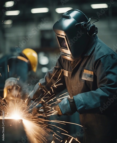 Workers wearing industrial uniforms and Welded Iron Mask at Steel welding plants  © abu