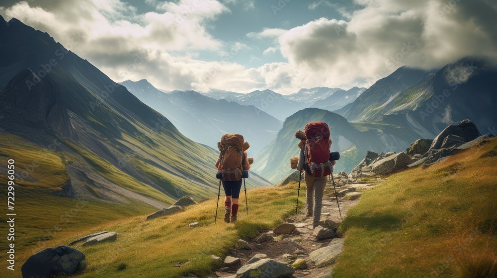 Fototapeta premium Mountain climbers carrying backpack carriers, climbing rocky mountain peaks. Wildlife camp outdoor adventure.