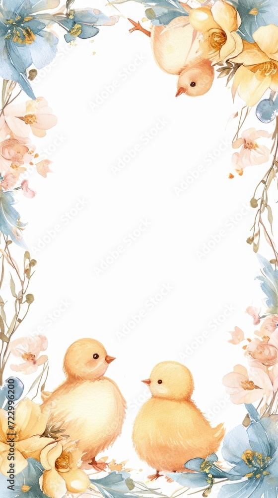 Chicks Border with Floral Frame. Chicks in a watercolor floral frame border.