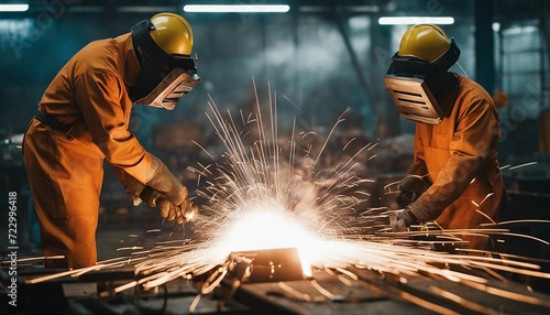 Workers wearing industrial uniforms and Welded Iron Mask at Steel welding plants 
