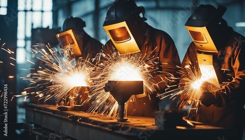 Workers wearing industrial uniforms and Welded Iron Mask at Steel welding plants