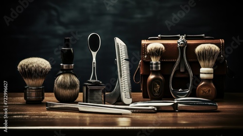 Classic barber tools equipment, rustic vintage scissors razor brush accessories.