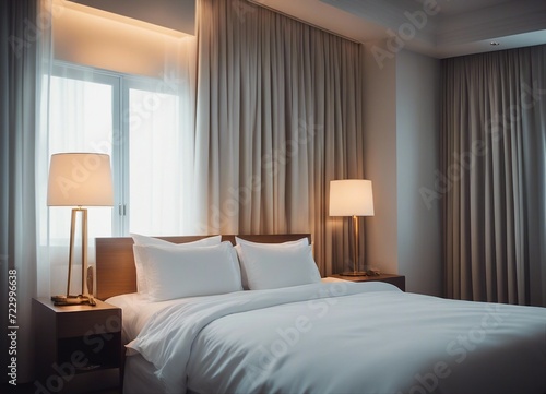 a comfortable hotel bed with crisp white sheets and bright lights coming through the window  © abu