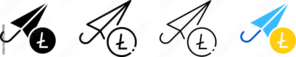 Ltc coin and closed umbrella. Different styles, Ltc coin set with umbrella. Vector icons Ltc coin and closed umbrella. Different styles, Ltc coin set with umbrella. Vector icons