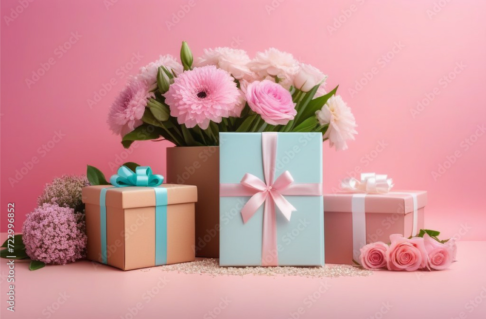 Banner for March 8, Women's Day, happy birthday. Flowers and gifts boxes on a pink background, in pastel shades. Banner for March 8, Women's Day, happy birthday. Flowers and gifts boxes on a pink background, in pastel shades.