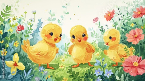 Watercolor Chicks in a Flowery Meadow. Watercolor scene of chicks frolicking in a flowery meadow.
