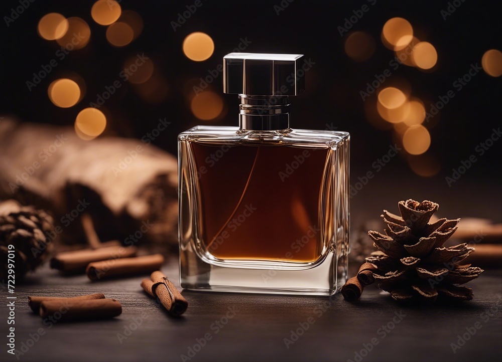 men's perfume bottle with masculine scent and decorative pieces of pine, cedar, sandalwood, cinnamon
men's perfume bottle with masculine scent and decorative pieces of pine, cedar, sandalwood, cinnamon