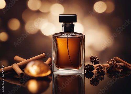 men's perfume bottle with masculine scent and decorative pieces of pine, cedar, sandalwood, cinnamon
 photo