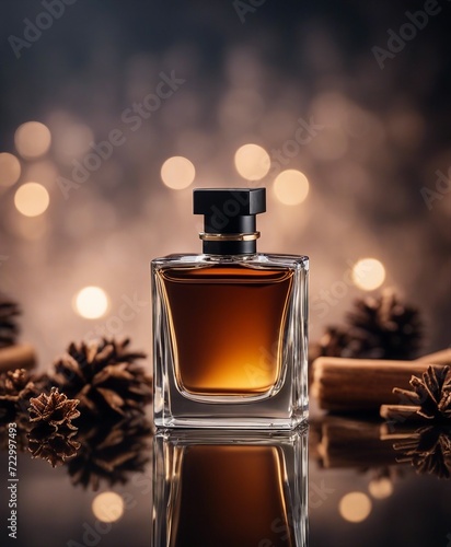 men's perfume bottle with masculine scent and decorative pieces of pine, cedar, sandalwood, cinnamon 