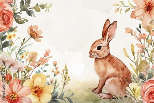 Springtime Bunny Amidst Watercolor Florals. A watercolor rabbit sits peacefully among vibrant spring flowers.