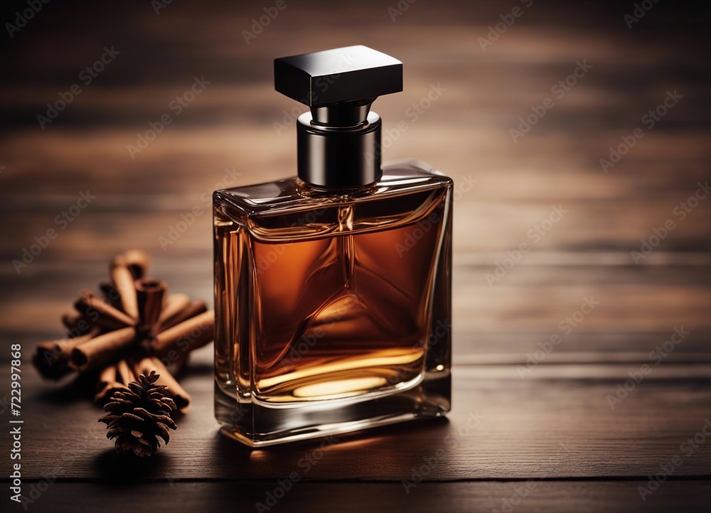 men's perfume bottle with masculine scent and decorative pieces of pine, cedar, sandalwood, cinnamon
men's perfume bottle with masculine scent and decorative pieces of pine, cedar, sandalwood, cinnamon
