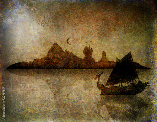 Abstrakt Grunge Style Kunst Gemälde - Wikinger Boot auf dem Wasser - Insel mit Burg und Bergen