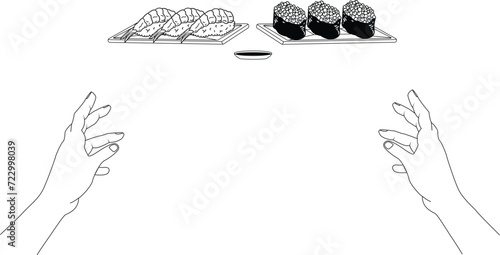 Two hands grabbing  packets of very delicious nigiri shrimp sushi and gunkan sushi