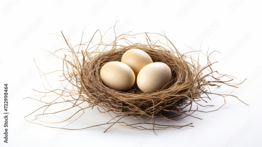 A bird nest with three eggs isolated on white A bird nest with three eggs isolated on white