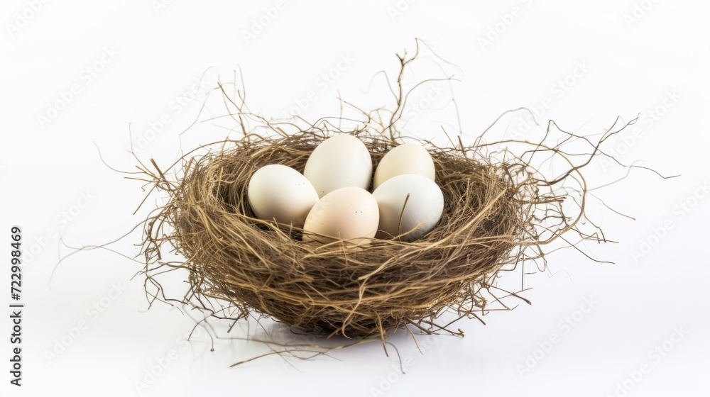 A bird nest with five white eggs isolated on white background A bird nest with five white eggs isolated on white background