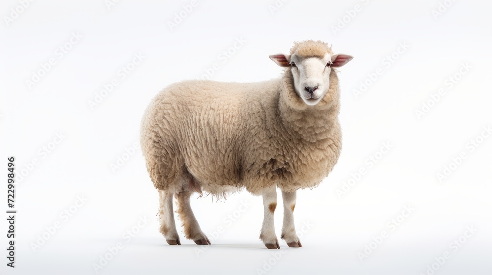 Animal rights concept A sheep with a full fluffy coat of wool standing against a white background Animal rights concept A sheep with a full fluffy coat of wool standing against a white background