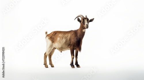 Animal rights concept A brown and white goat standing against a white background