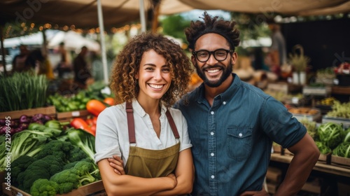 Man and Woman Standing in Front of Vegetable Stand