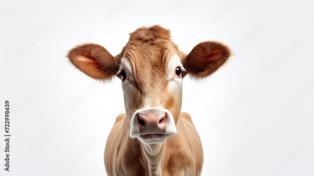 A close-up of a brown and white cow with a focused expression isolated on a white background A close-up of a brown and white cow with a focused expression isolated on a white background