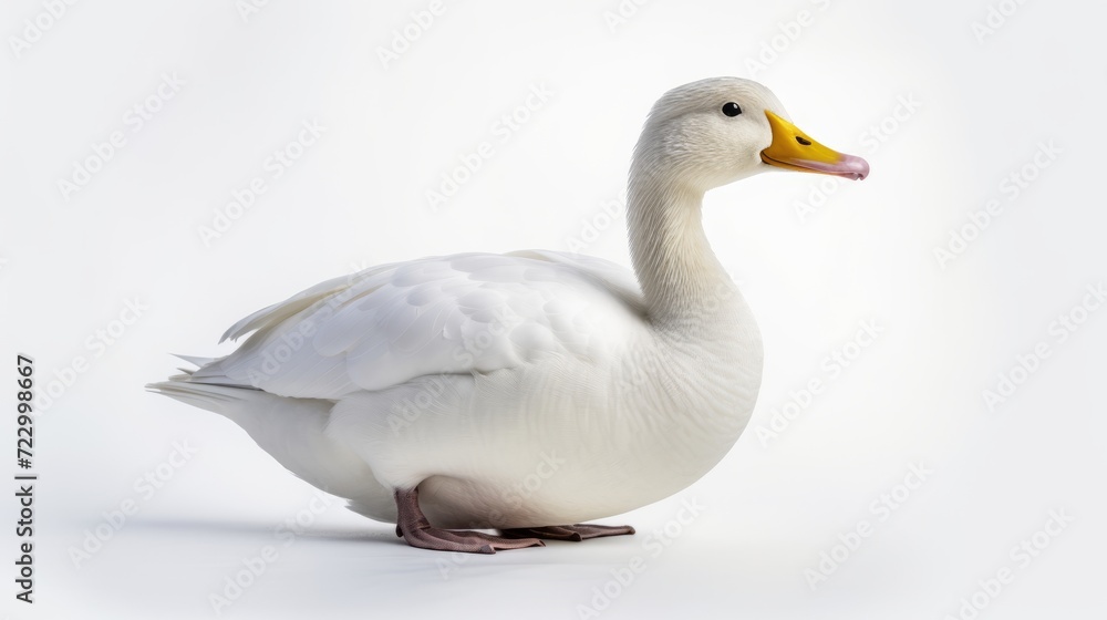 Animal rights concept white duck with a yellow beak white background.