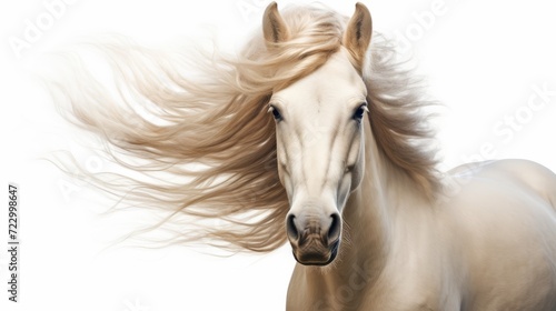 Animal rights concept white horse with its mane flowing on white background