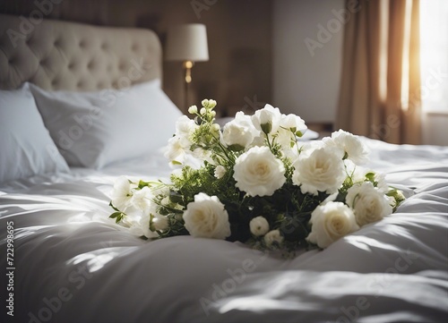 hotel bed with white sheets and fresh flowers on the headboard. sunlight coming through the window
 photo