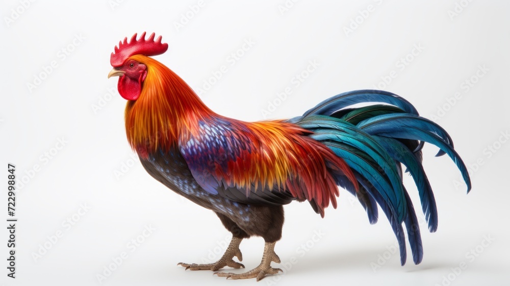 A vibrant colorful rooster multicolored feathers against a plain background