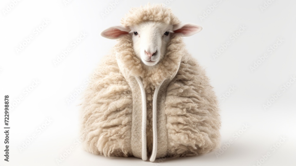 Animal rights concept a sheep in a wool bag on white background Animal rights concept a sheep in a wool bag on white background