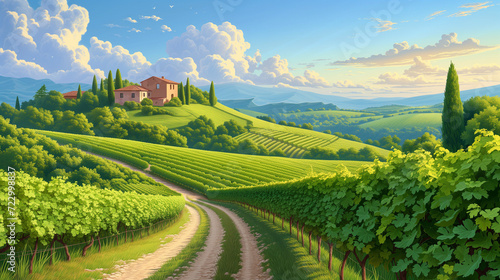 Spectacular Illustration of Italian vineyards across the rolling hills at sunset