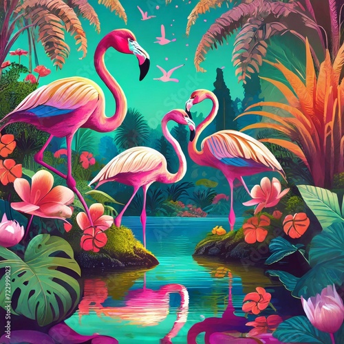 Belo jardim mágico com um lago, flamingos, flores coloridas e plantas tropicais arte synthwa photo