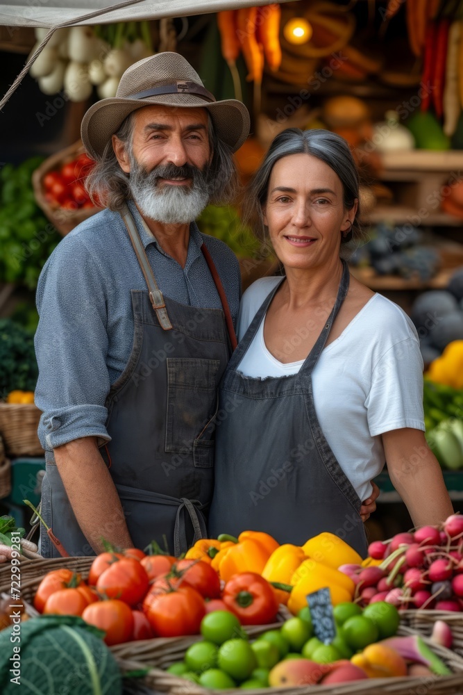 Man and Woman Standing in Front of a Fresh Fruit Stand