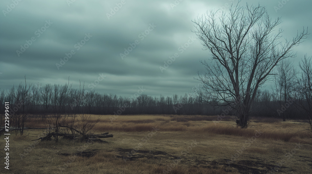 Obraz premium Desolate landscape under overcast skies, barren trees and faded colors, conveying a sense of hopelessness and solitude. Early spring or late fall or autumn
