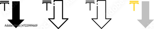 Tenge and down arrow. Different styles, set of Tenge coin icons with down arrow, down arrow. Vector icons