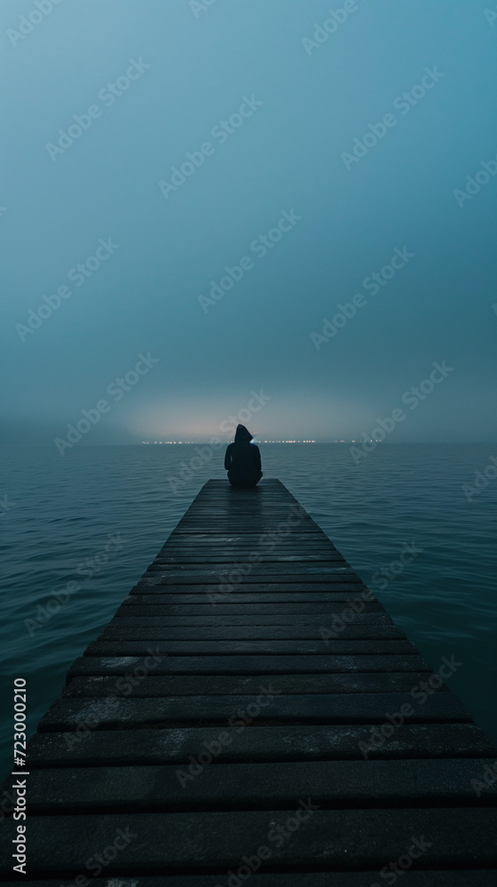 Obraz premium Lonely figure sitting at the end of a dimly lit pier, vast and empty ocean ahead, feeling of despair, hopelessness and isolation