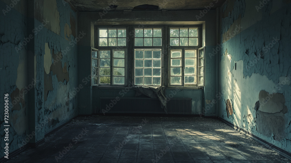 Abandoned room with peeling paint and broken windows, stark lighting casting deep shadows, atmosphere of neglect and hopelessness Abandoned room with peeling paint and broken windows, stark lighting casting deep shadows, atmosphere of neglect and hopelessness