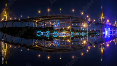 Night scene shot and over starlight effect, Bhumibol bridge and reflection of water. bangkok thailand, wide angle cityscape at night photo