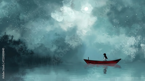 grungy noise texture art, a girl on row boat in lake with misty fog drifting around , whimsical fantasy fairytale contemporary creative illustration, Generative Ai