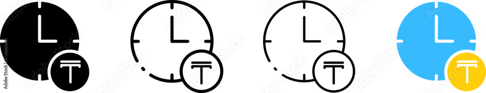 Tenge icon and clock. Different styles, Tenge inside clock icons. Vector icons Tenge icon and clock. Different styles, Tenge inside clock icons. Vector icons