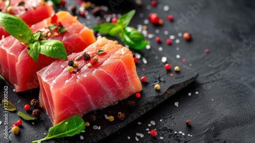 Fresh tuna fish slices with spices on plate. AI generated image