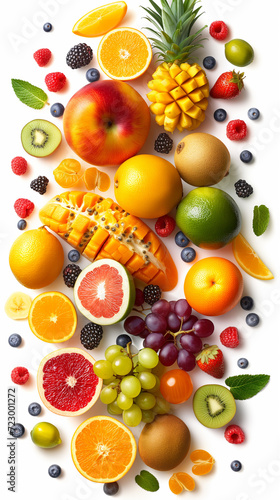 healthy mixed fruits levitation on bright color background  ai