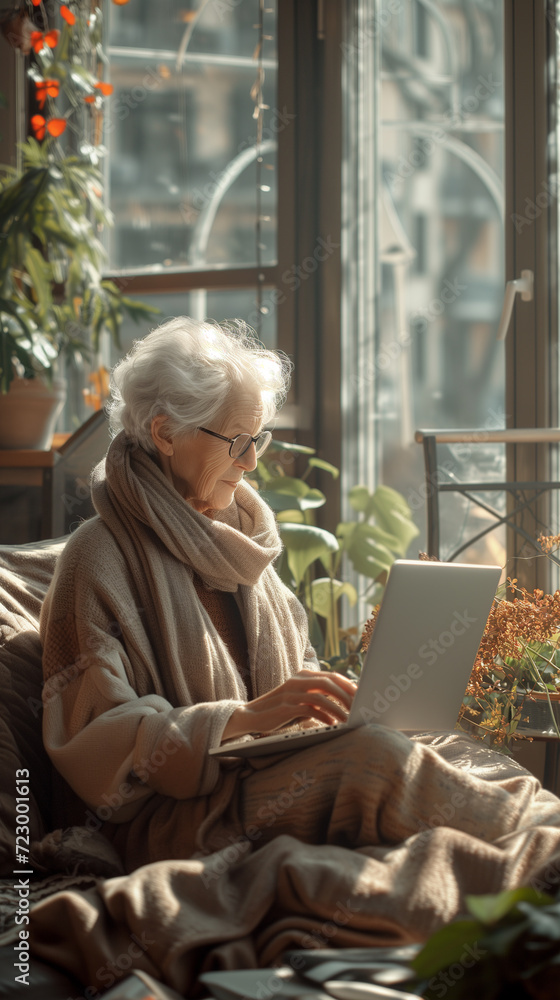 Obraz premium senior woman working on laptop,cozy workspace, ai