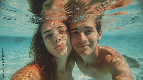 smiling couple making photo underwater in swimming pool
