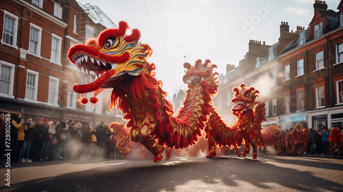 Dragon dancing at Chinese New Year. Golden Dragon Parade. Vibrant dragon dance performance during Chinese New Year celebration. Cultural tradition photo